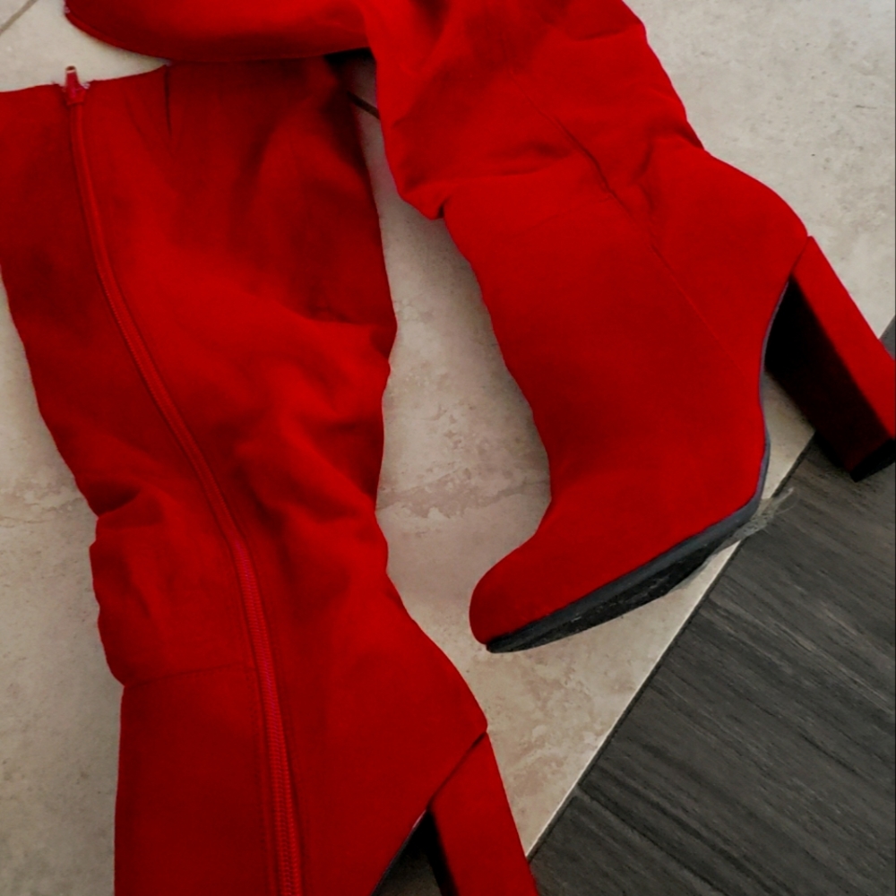 Red slouch knee high boots